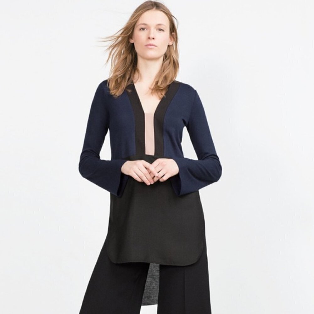 Zara W&B Navy and Black Long Sleeve Tunic Women’s Size M